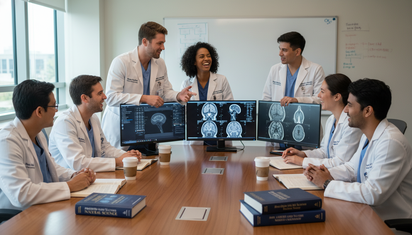 Neurology residents collaborating in team room and supporting each other Neurology residents collaborating in team room and supporting each other - neurology residency for Residency Burnout Preventi