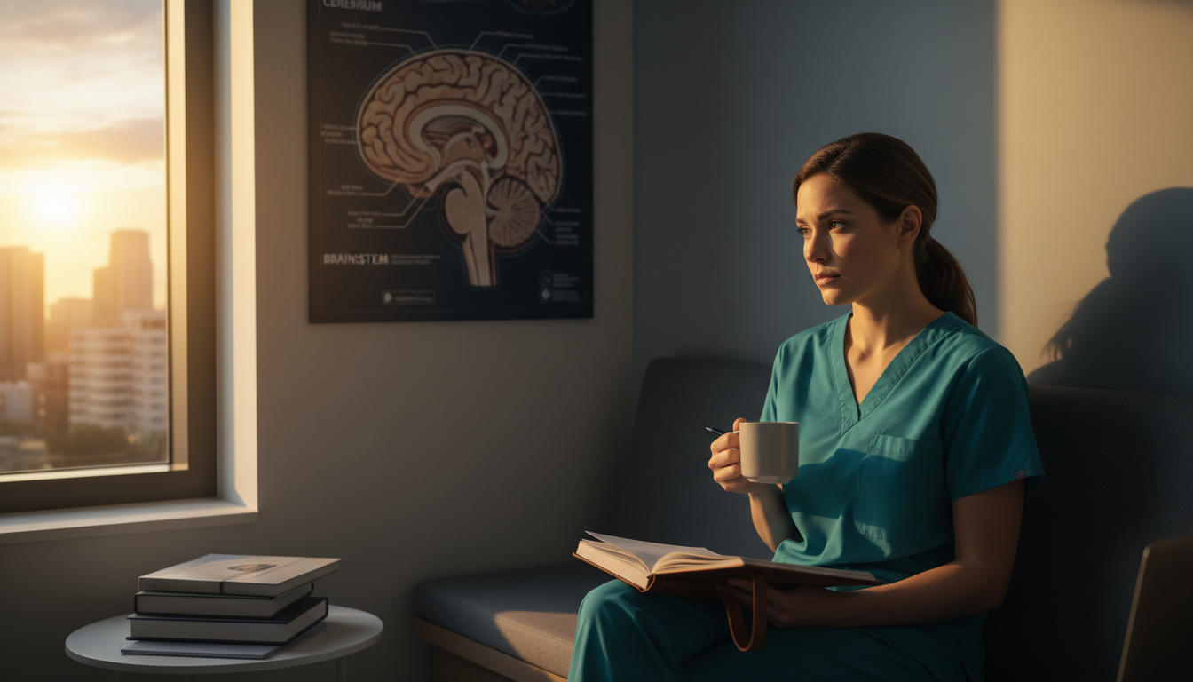 Neurology resident practicing mindfulness and reflection after difficult shift Neurology resident practicing mindfulness and reflection after difficult shift - neurology residency for Residency Burnout Pr