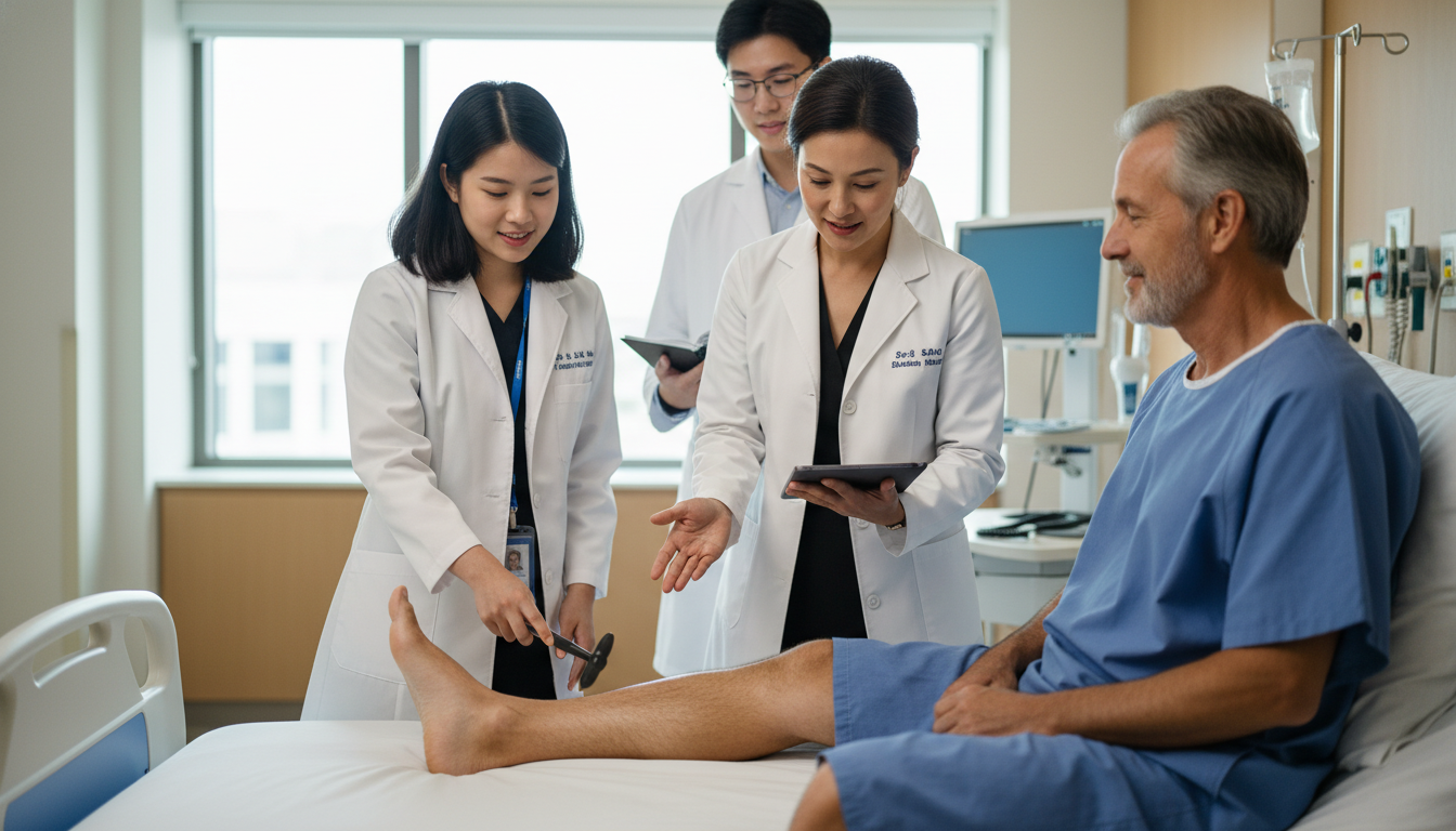 Medical student performing a neurologic exam under supervision on an inpatient neurology ward - neurology residency for Lette