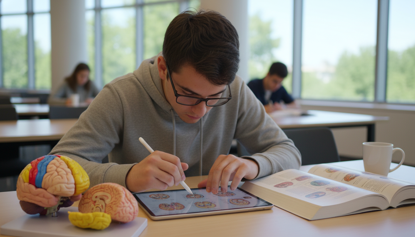 Student studying neuroanatomy with brain models and diagrams - neurology residency for Pre-Med Preparation in Neurology: A Co