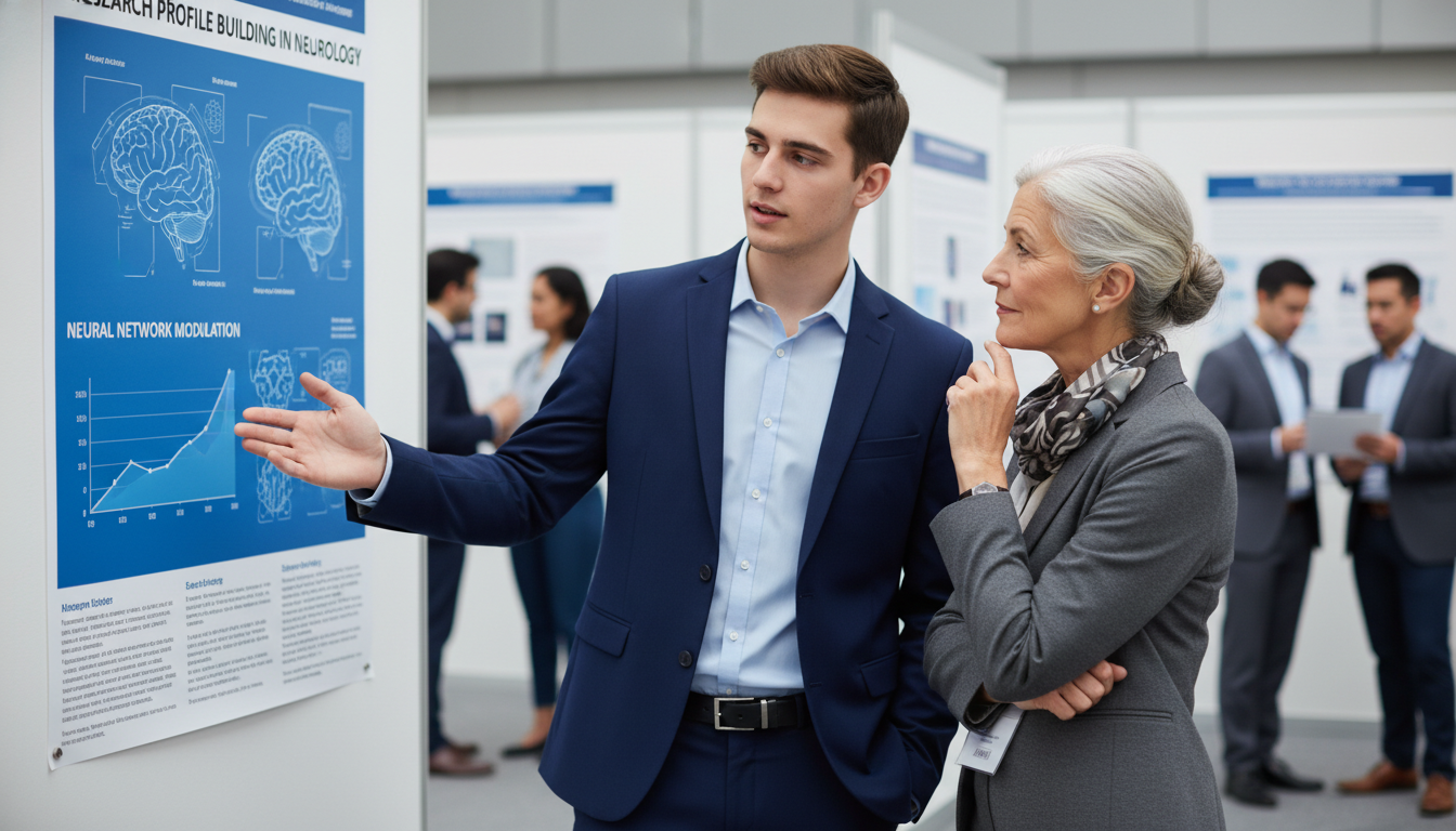 Medical student discussing neurology research poster with mentor Medical student discussing neurology research poster with mentor - neurology residency for Research Profile Building in Neuro
