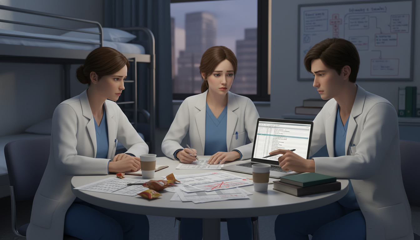 Neurology residents studying call schedules and discussing workload - neurology residency for Resident Turnover Warning Signs