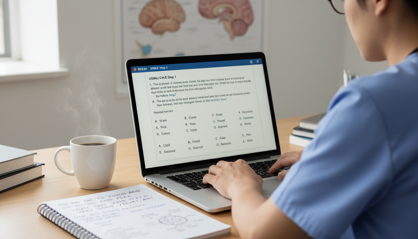 Medical student taking practice USMLE questions on laptop Medical student taking practice USMLE questions on laptop - neurology residency for USMLE Step 1 Preparation in Neurology: A