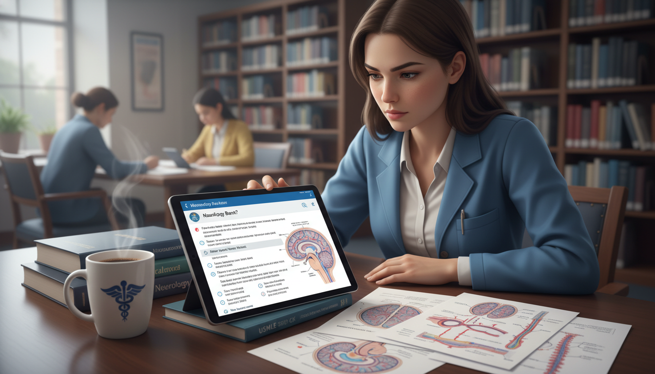 Medical student reviewing neurology diagrams and question bank on a tablet - neurology residency for USMLE Step 2 CK Preparat