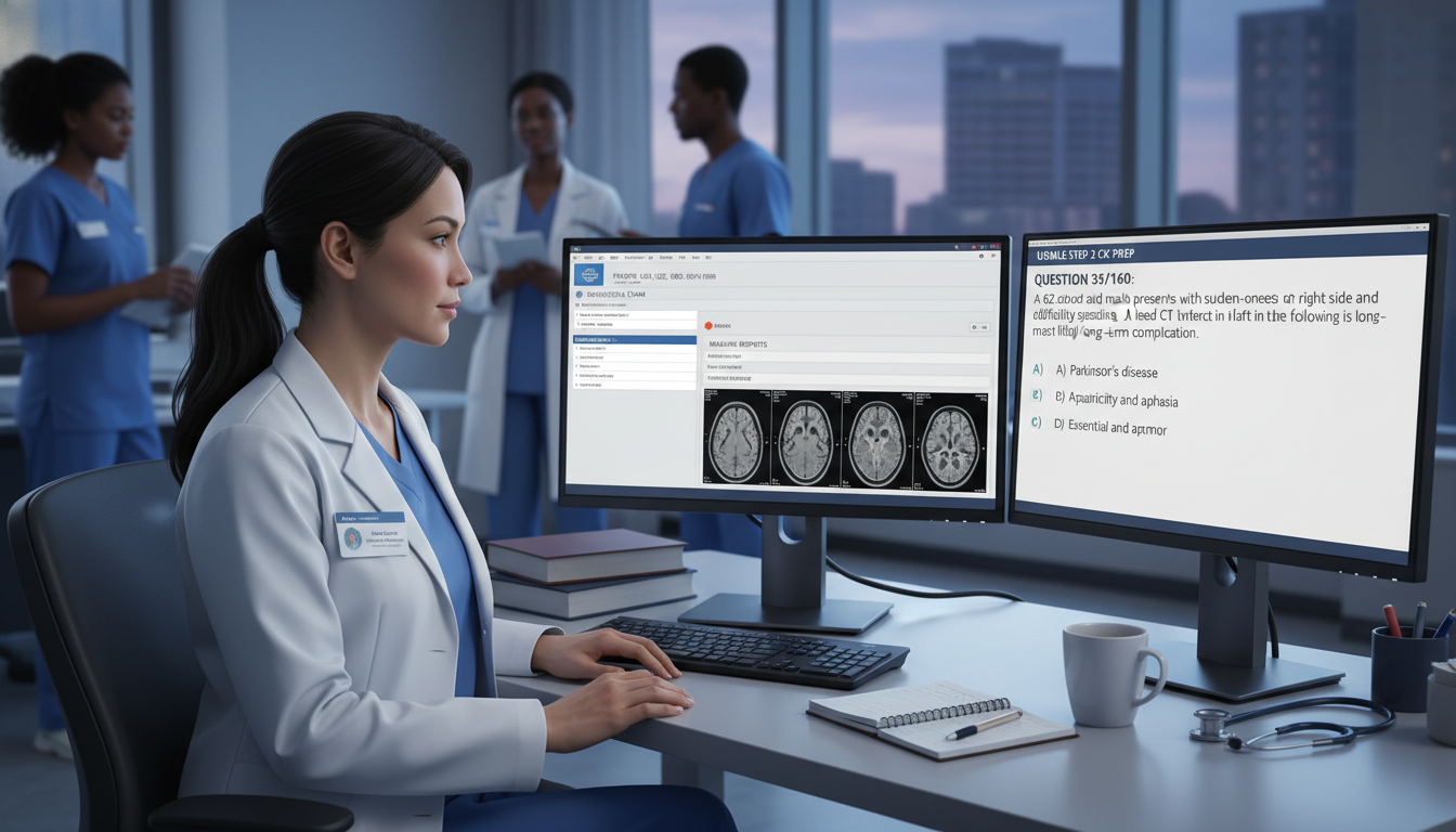Resident reviewing neurology cases and Step 2 practice questions on a laptop - neurology residency for USMLE Step 2 CK Prepar