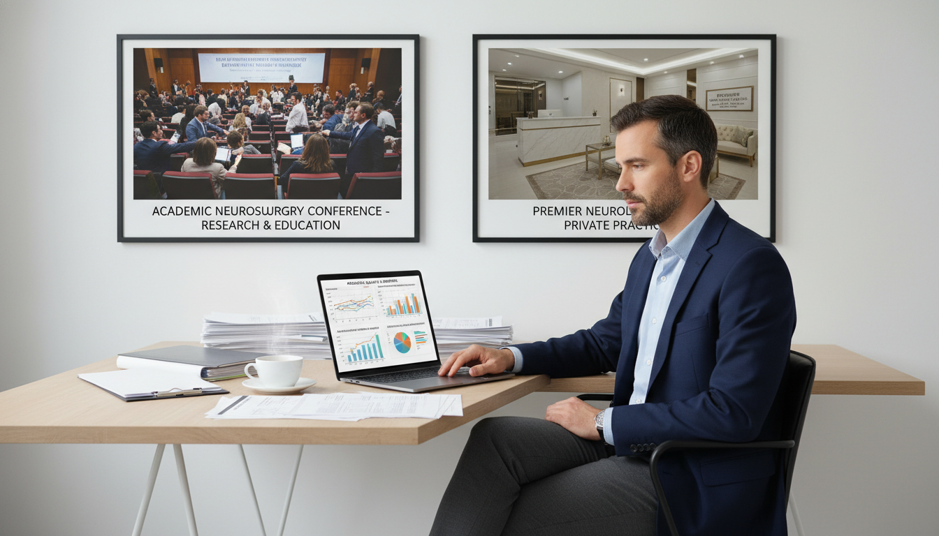 Neurosurgeon reviewing finances and work-life balance at desk Neurosurgeon reviewing finances and work-life balance at desk - neurosurgery residency for Academic vs Private Practice in Ne