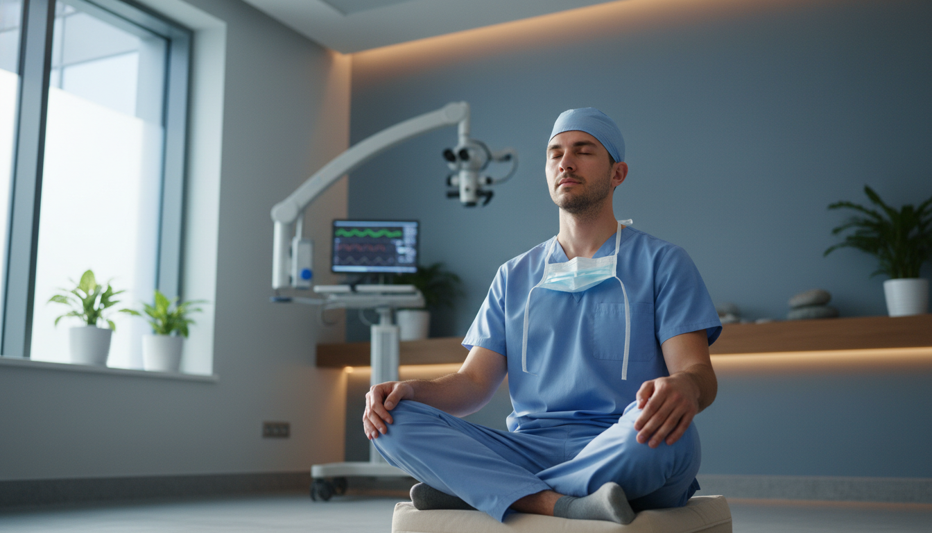 Neurosurgery resident practicing mindfulness in a quiet hospital space - neurosurgery residency for Residency Burnout Prevent