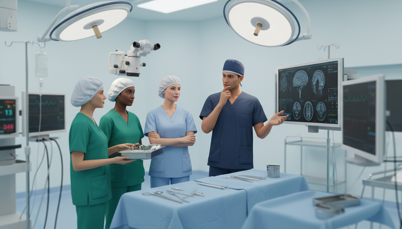 Neurosurgery team debriefing in operating room after a long case - neurosurgery residency for Residency Burnout Prevention in