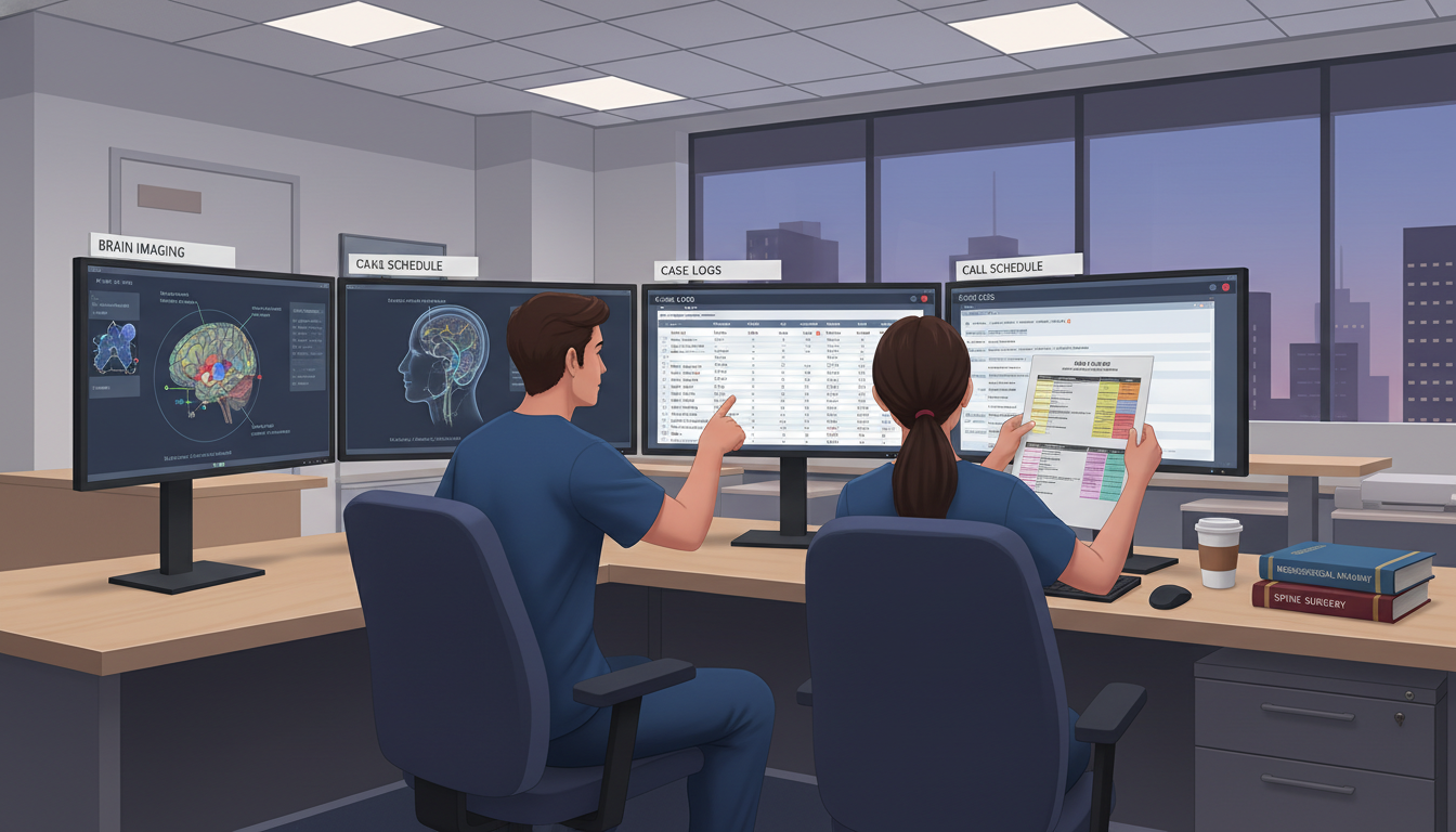 Neurosurgery residents reviewing operative case logs and call schedule Neurosurgery residents reviewing operative case logs and call schedule - neurosurgery residency for Case Volume Evaluation in