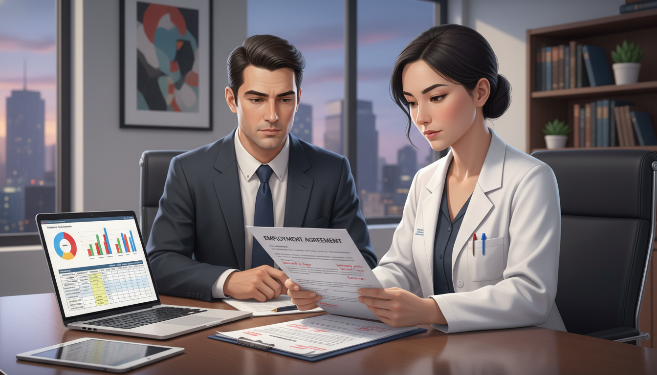 Young neurosurgeon discussing employment contract with health care attorney - neurosurgery residency for Physician Contract N