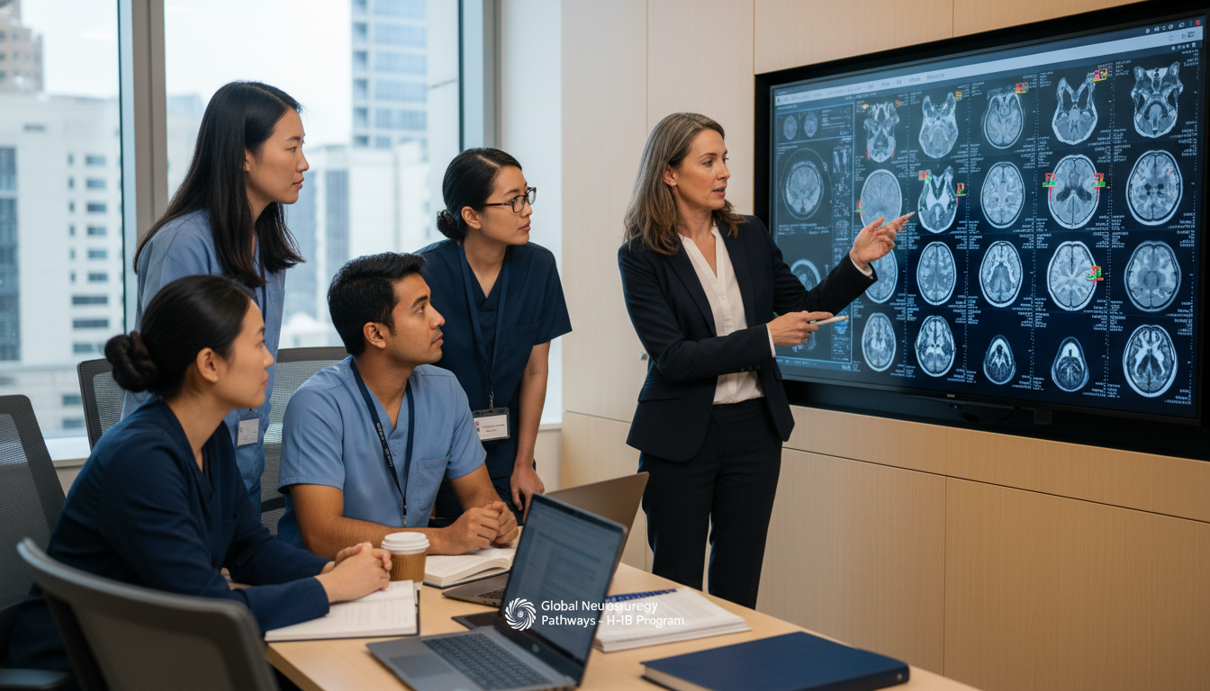 Neurosurgery residents in academic discussion at teaching hospital Neurosurgery residents in academic discussion at teaching hospital - neurosurgery residency for H-1B Sponsorship Programs in