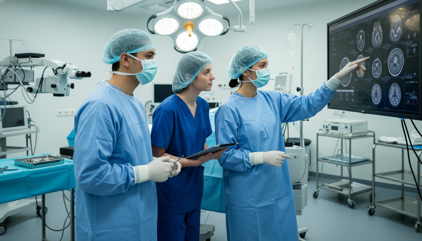 Neurosurgery team teaching medical student in operating room - neurosurgery residency for Low Step Score Strategies in Neuros