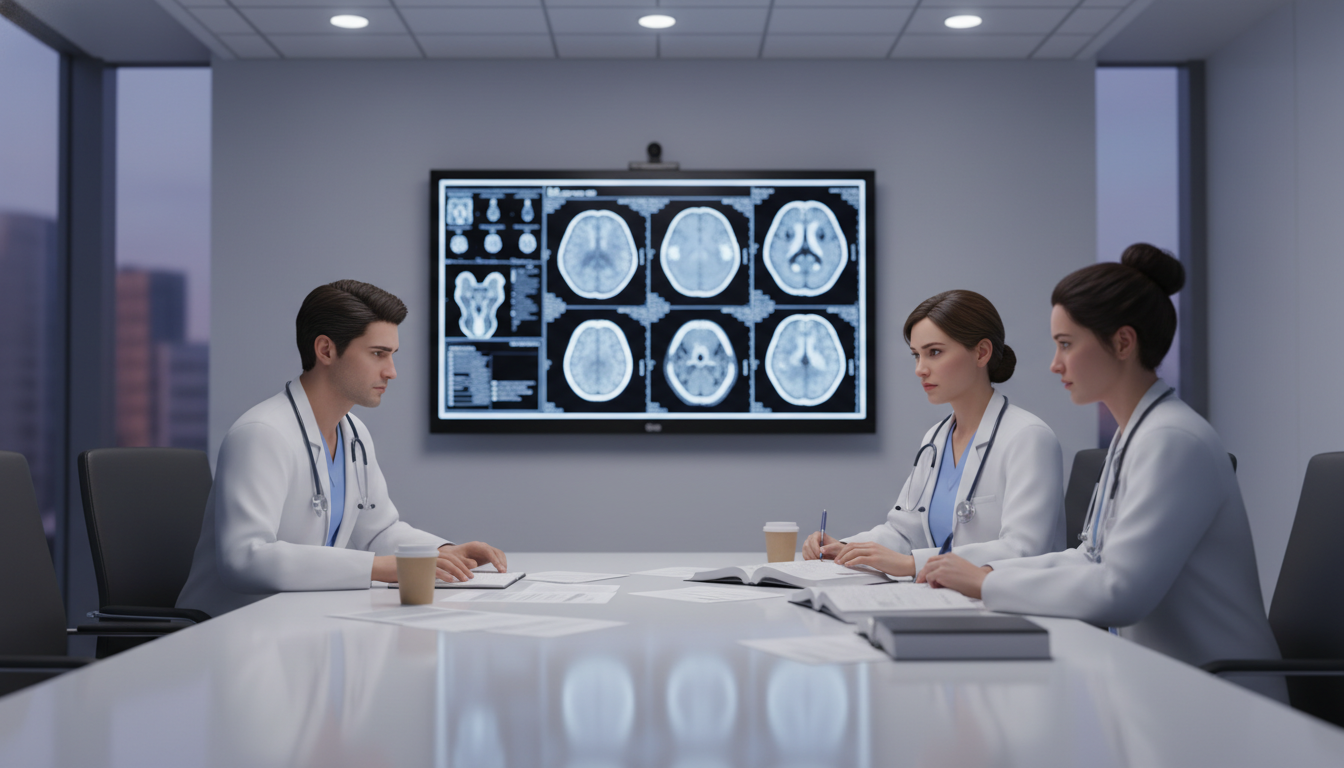 Neurosurgery residents discussing program culture and workload in a conference room Neurosurgery residents discussing program culture and workload in a conference room - neurosurgery residency for Identifying