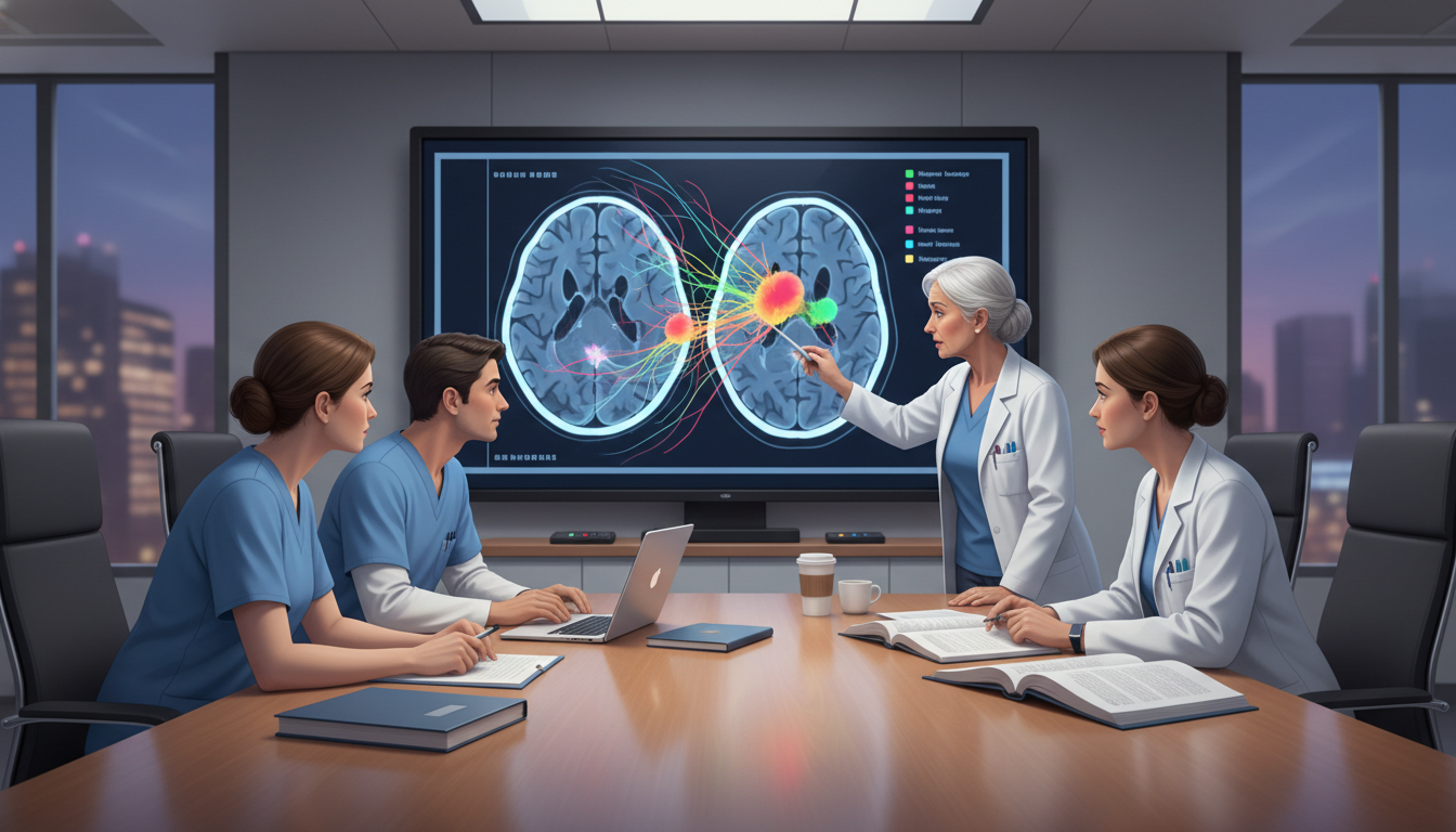 Neurosurgery residents collaborating and mentoring in a hospital conference room - neurosurgery residency for Networking in M
