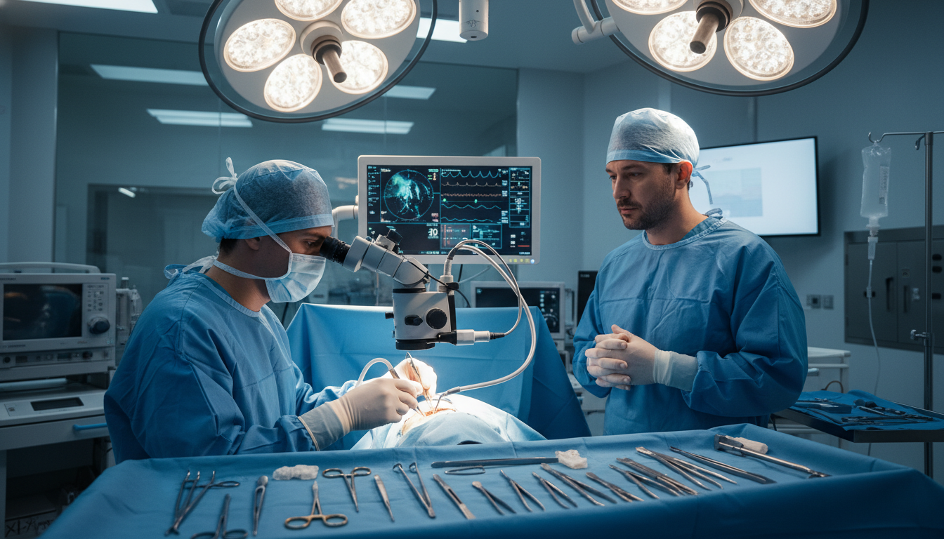 Neurosurgery resident operating under surgical microscope with attending observing Neurosurgery resident operating under surgical microscope with attending observing - neurosurgery residency for Operative Exp