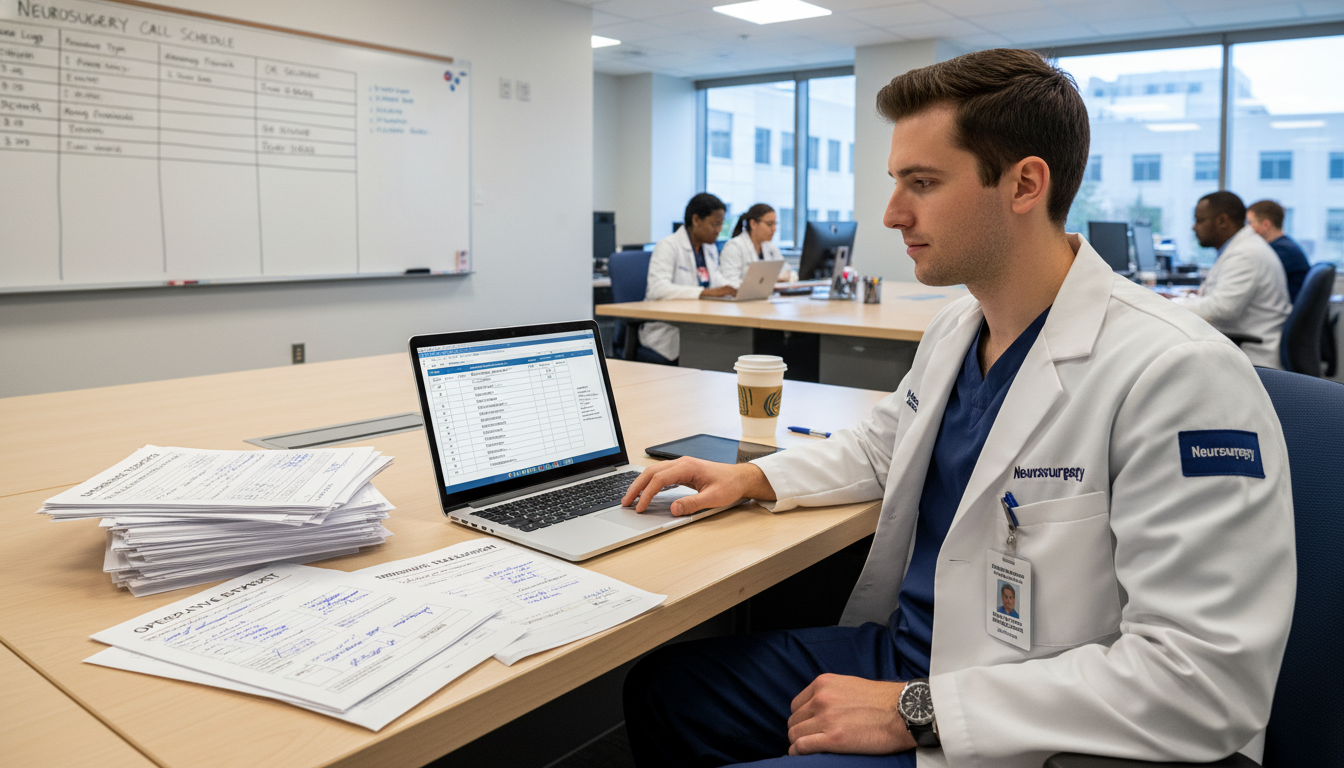 Neurosurgery resident reviewing surgical case logs and performance evaluations Neurosurgery resident reviewing surgical case logs and performance evaluations - neurosurgery residency for Operative Experie