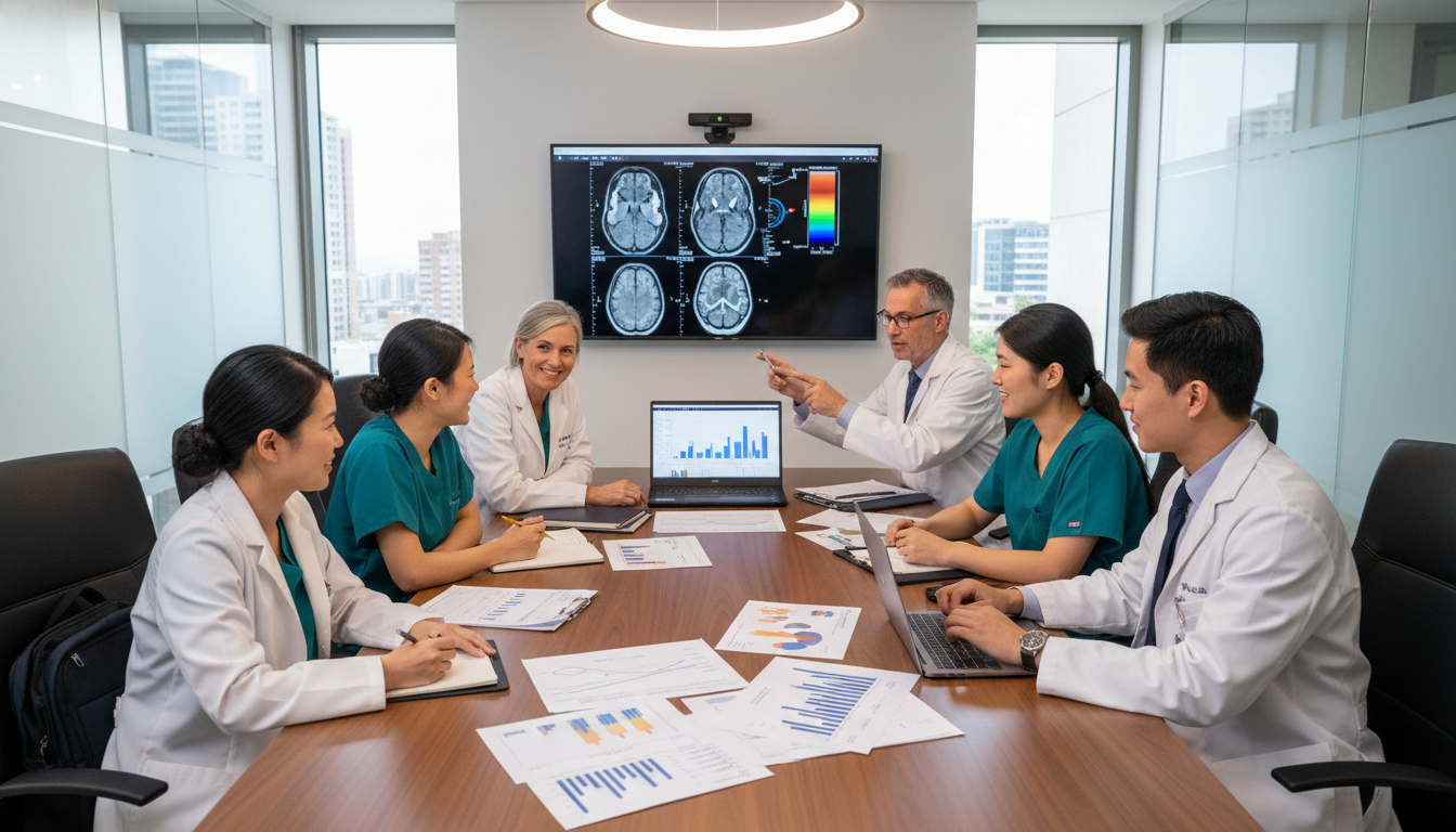 Neurosurgery research team discussing data and brain imaging Neurosurgery research team discussing data and brain imaging - neurosurgery residency for Research Profile Building in Neuros