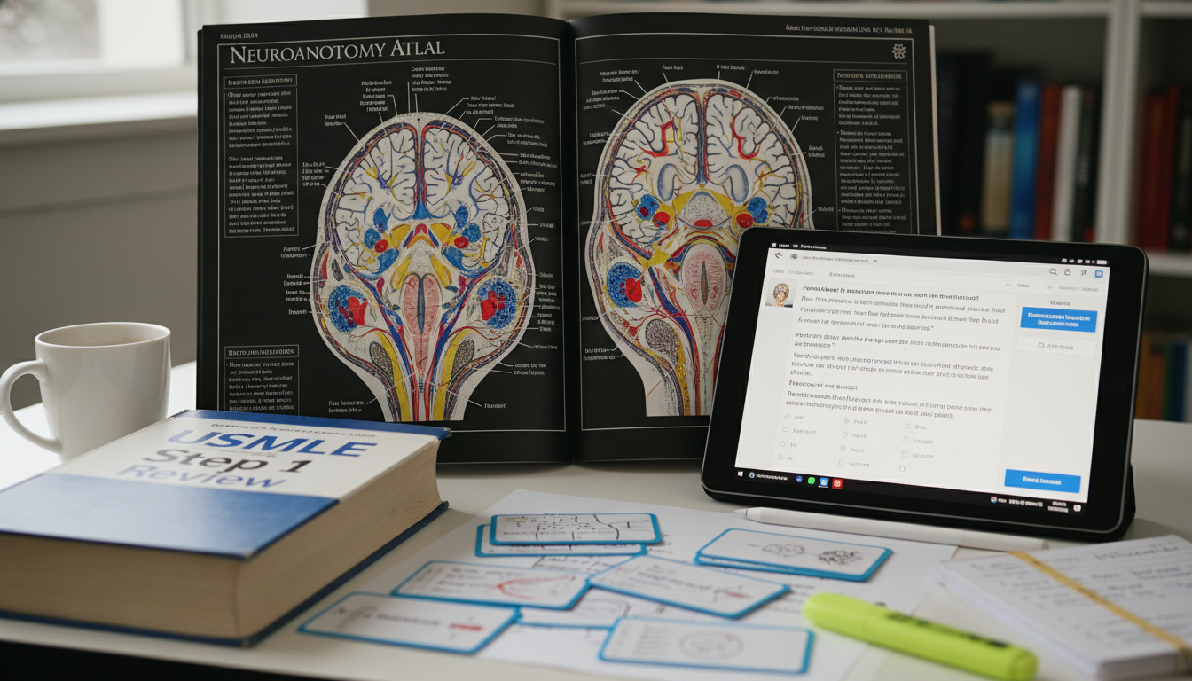 USMLE Step 1 and neuroanatomy study resources on a desk - neurosurgery residency for USMLE Step 1 Preparation in Neurosurgery