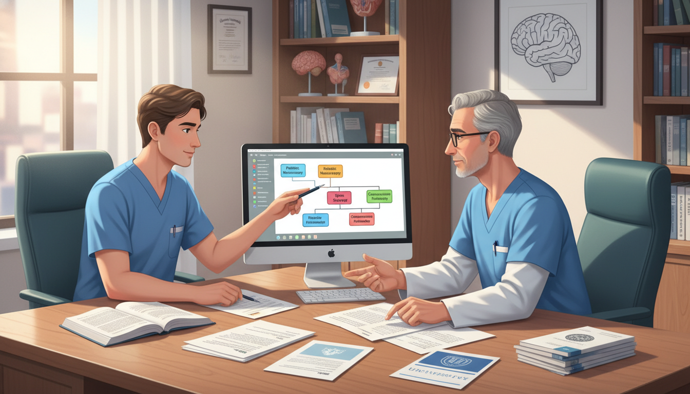 Neurosurgery resident discussing fellowship plans with mentor - neurosurgery residency for Surgical Fellowship Pathways in Ne