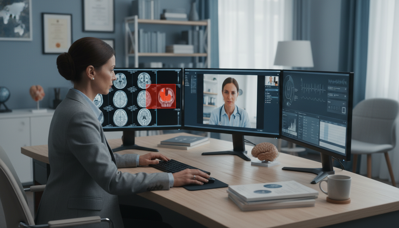 Neurosurgeon working remotely with multiple telehealth monitors Neurosurgeon working remotely with multiple telehealth monitors - neurosurgery residency for Telemedicine Career Opportunitie