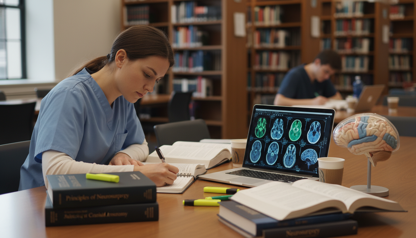 Medical student studying neurosurgery with brain models and textbooks - neurosurgery residency for Ultra-Competitive Specialt
