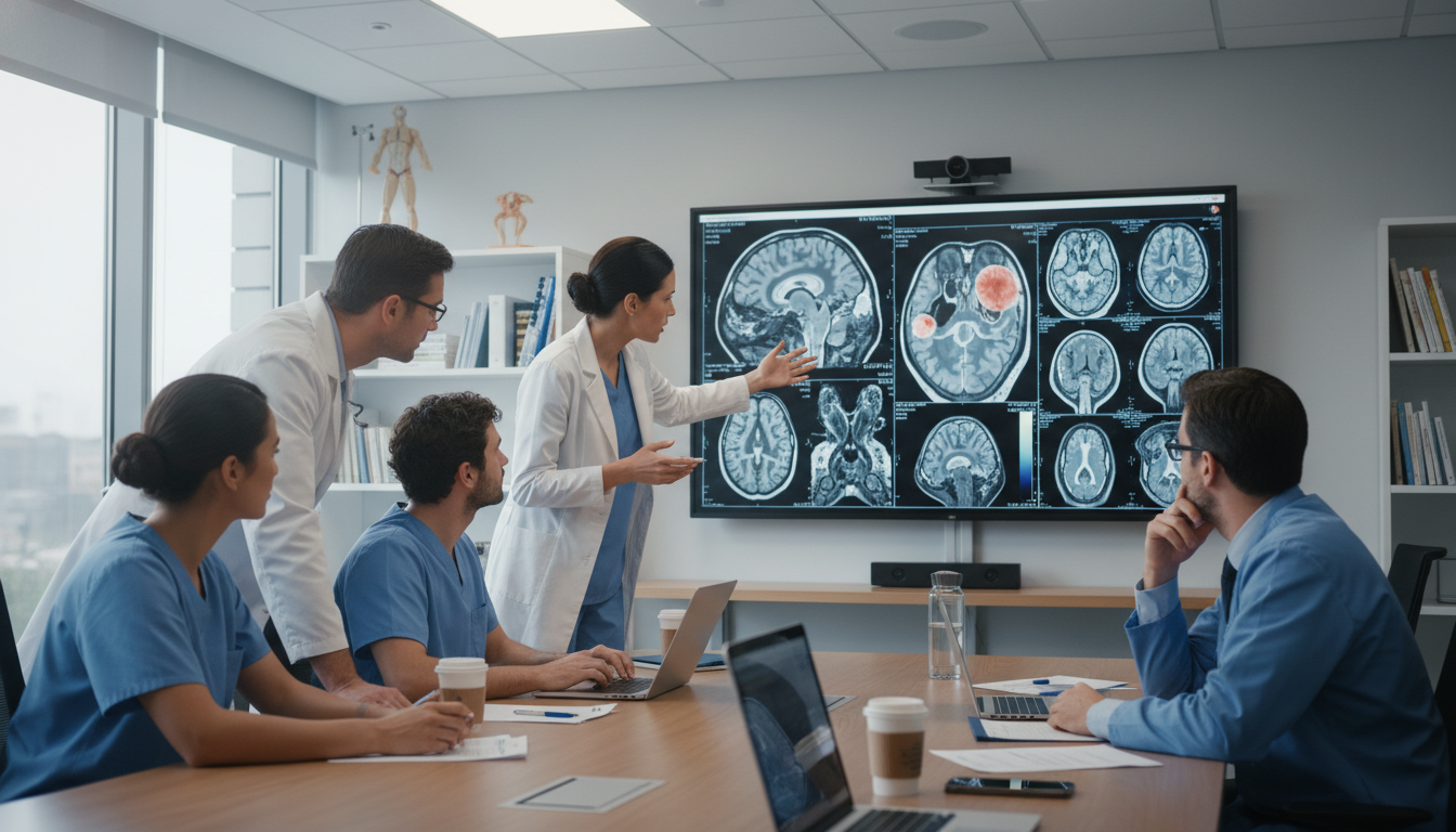Neurosurgery team in preoperative conference discussing patient imaging - neurosurgery residency for Ultra-Competitive Specia