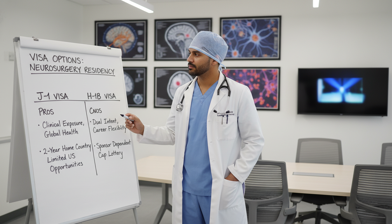 Neurosurgery resident comparing J-1 vs H-1B visa pathways on a whiteboard Neurosurgery resident comparing J-1 vs H-1B visa pathways on a whiteboard - neurosurgery residency for Visa Navigation for Re