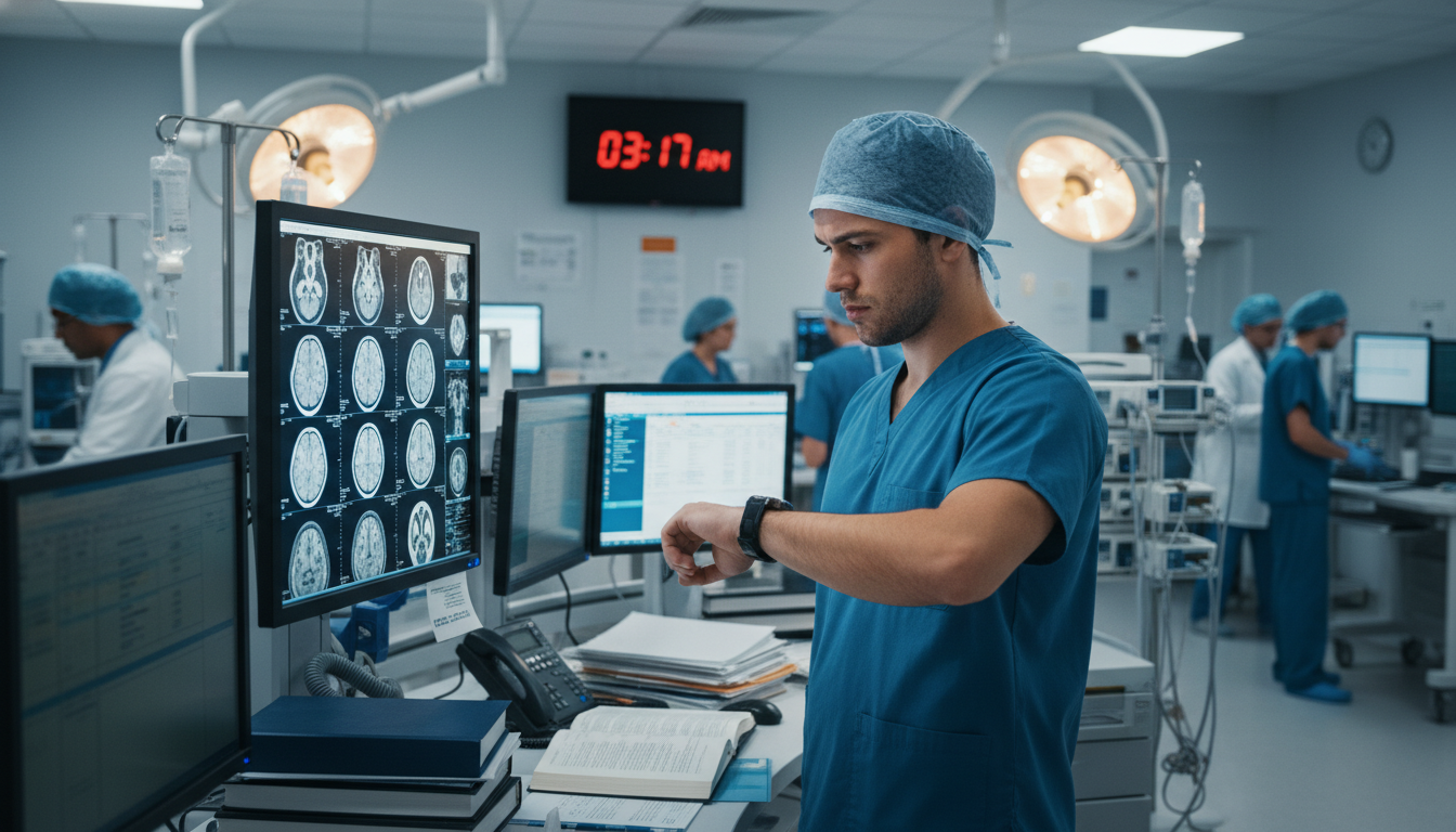 Neurosurgery resident checking the time while reviewing MRI scans Neurosurgery resident checking the time while reviewing MRI scans - neurosurgery residency for Managing Residency Work Hours
