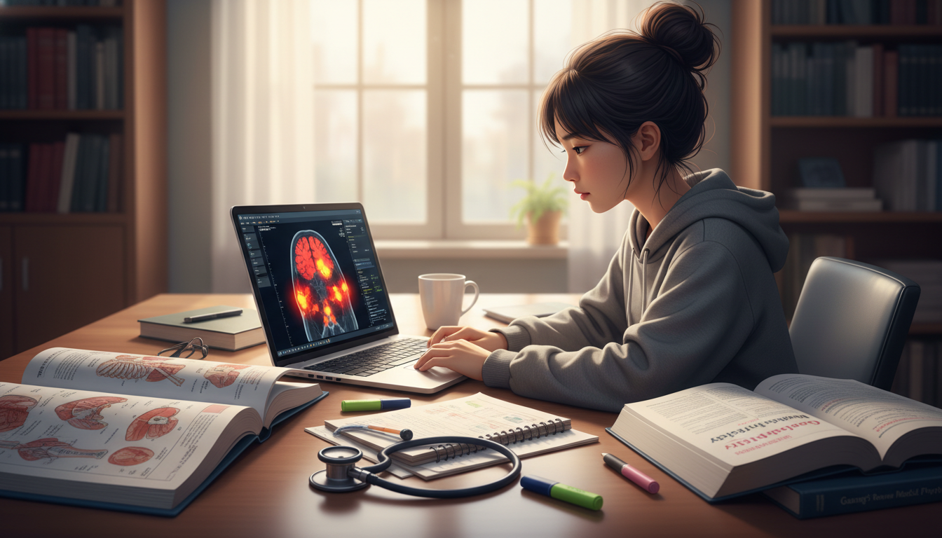 Medical student reviewing PET CT scan anatomy on laptop - nuclear medicine residency for Surviving First Year of Med School i