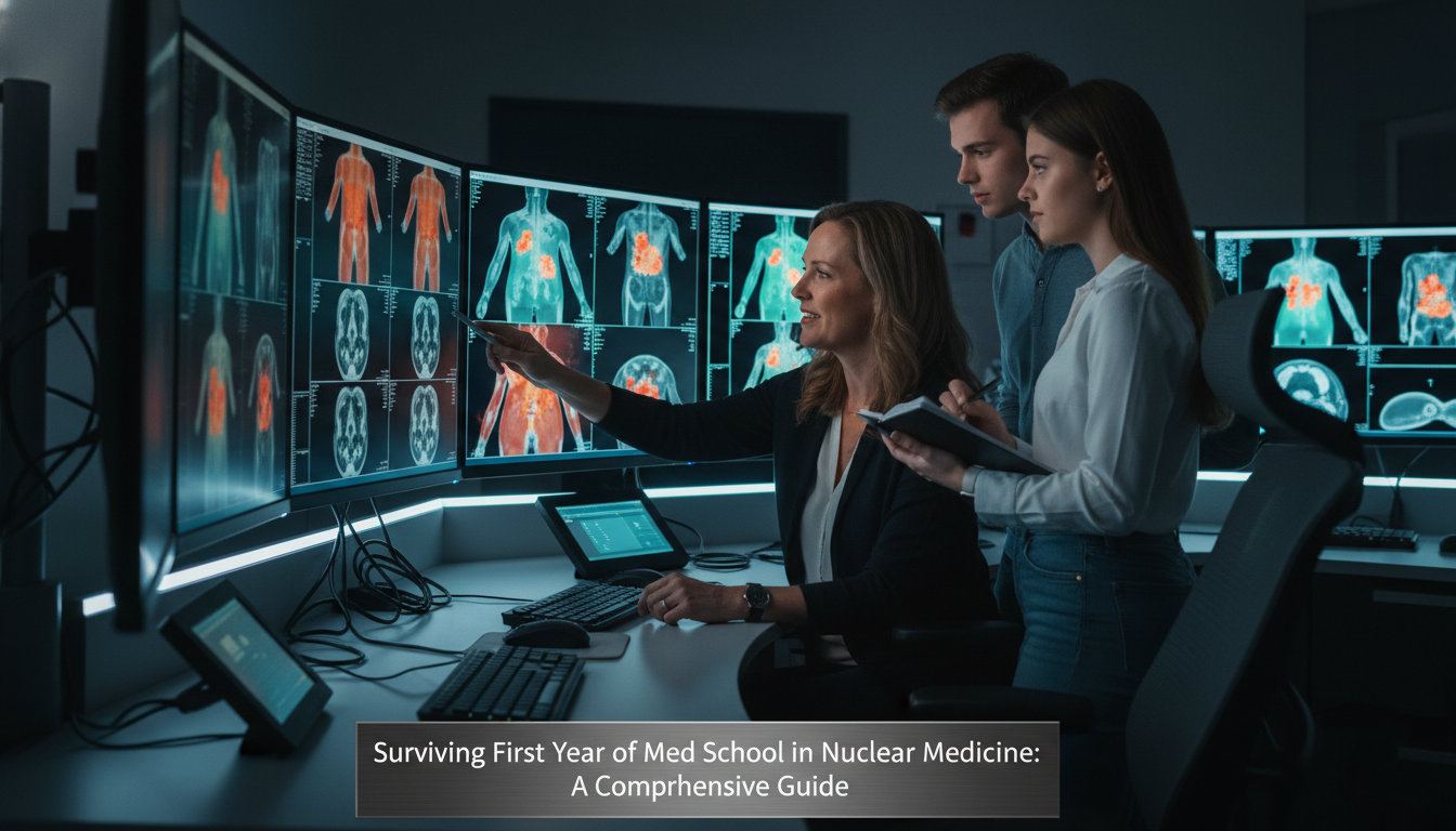 Medical students and mentor in nuclear medicine reading room - nuclear medicine residency for Surviving First Year of Med Sch