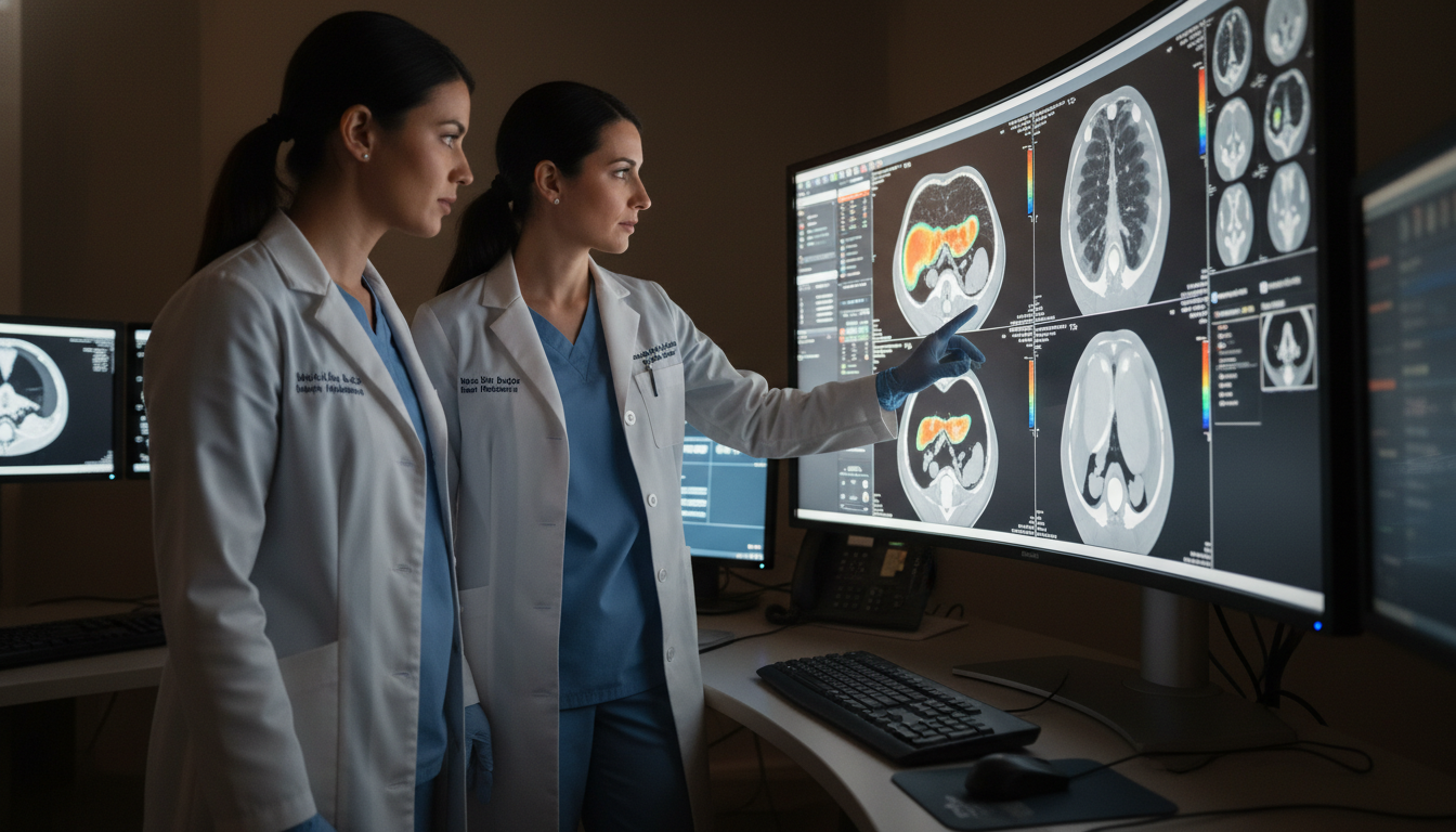 Nuclear medicine resident discussing PET CT case with attending - nuclear medicine residency for Common Interview Questions i