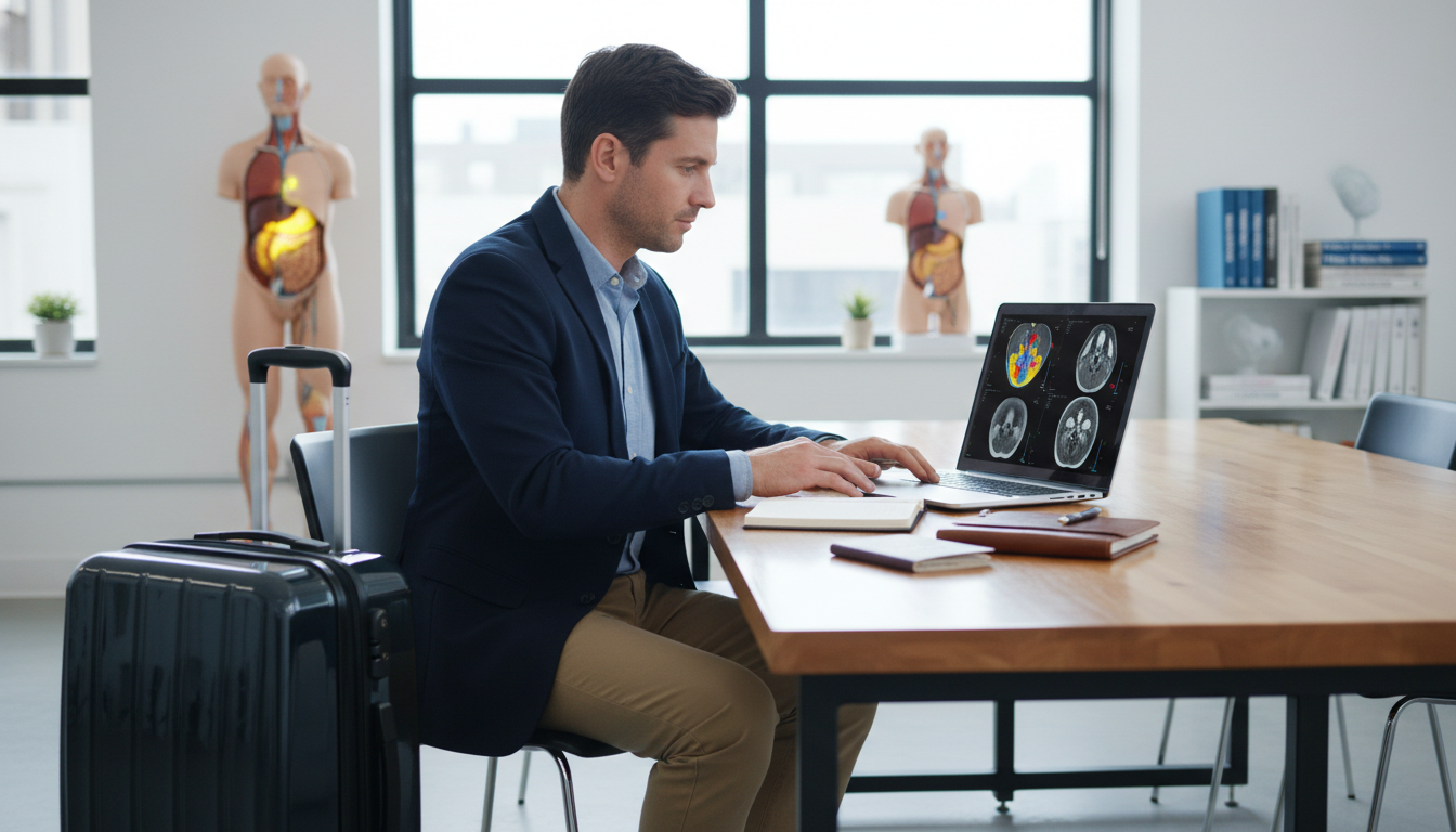 Nuclear medicine locum tenens physician working remotely with travel gear nearby Nuclear medicine locum tenens physician working remotely with travel gear nearby - nuclear medicine residency for Locum Tenen