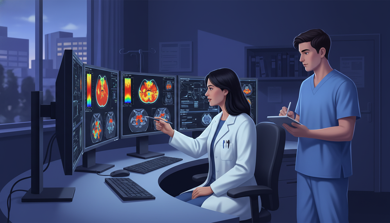 Nuclear medicine reading room with attending and student reviewing PET/CT scans Nuclear medicine reading room with attending and student reviewing PET/CT scans - nuclear medicine residency for Medical Shad