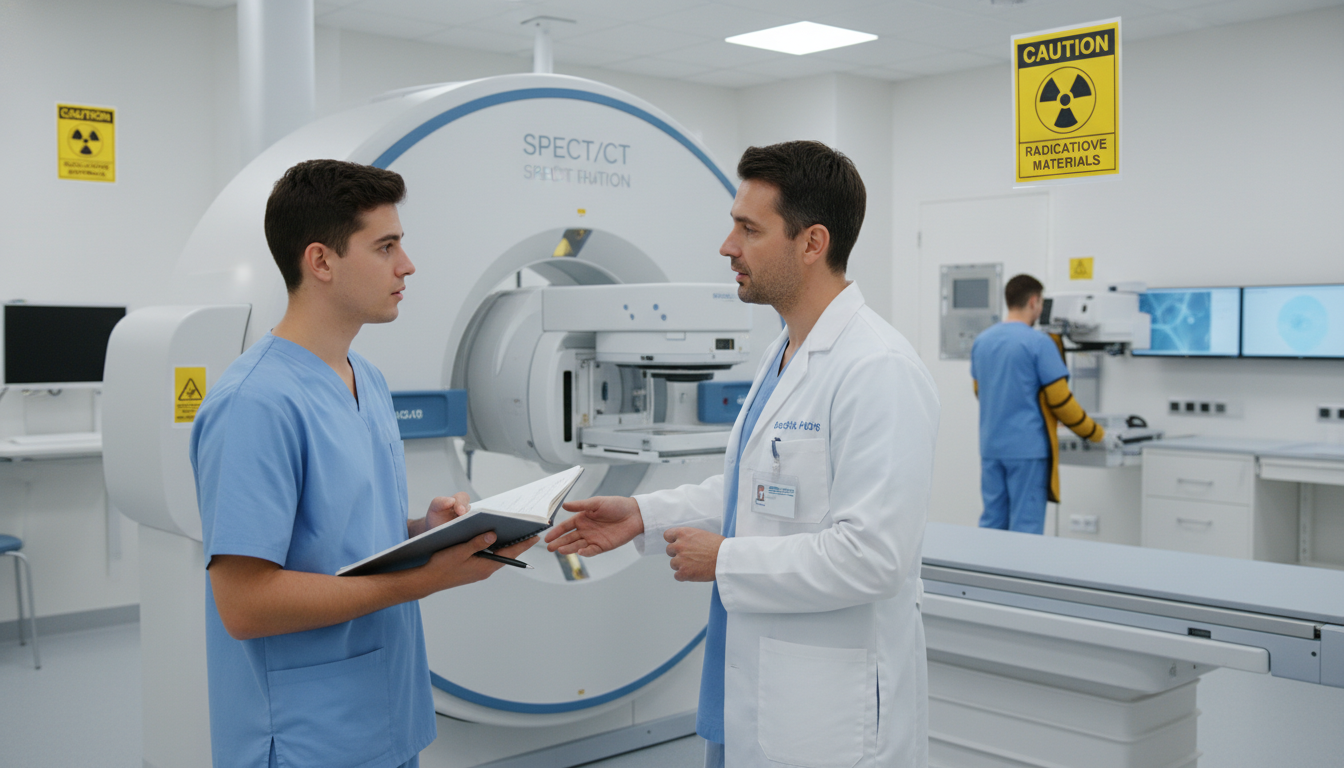 Student asking questions while shadowing in a nuclear medicine imaging suite Student asking questions while shadowing in a nuclear medicine imaging suite - nuclear medicine residency for Medical Shadowi