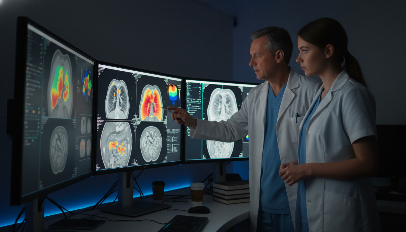 Medical student observing PET-CT scan review with attending physician Medical student observing PET-CT scan review with attending physician - nuclear medicine residency for Pre-Med Preparation in