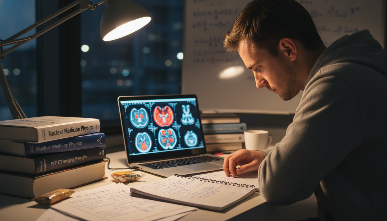 Resident studying nuclear medicine physics at a desk with textbooks and laptop Resident studying nuclear medicine physics at a desk with textbooks and laptop - nuclear medicine residency for Addressing Re