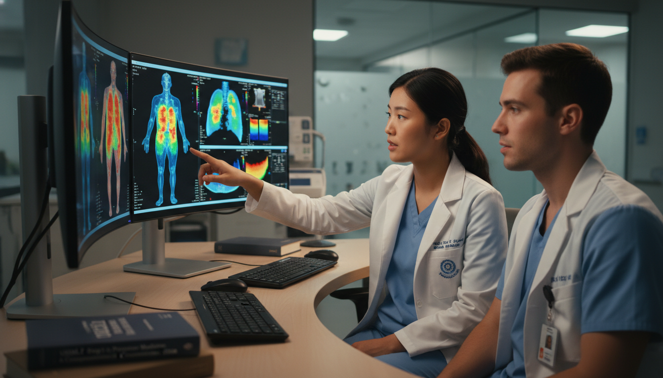 Nuclear medicine resident reviewing PET-CT scans with medical student Nuclear medicine resident reviewing PET-CT scans with medical student - nuclear medicine residency for USMLE Step 1 Preparati
