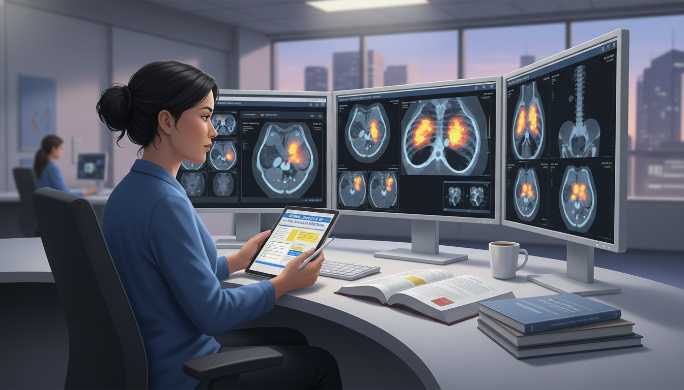 Medical student reviewing nuclear imaging alongside clinical data Medical student reviewing nuclear imaging alongside clinical data - nuclear medicine residency for USMLE Step 2 CK Preparatio