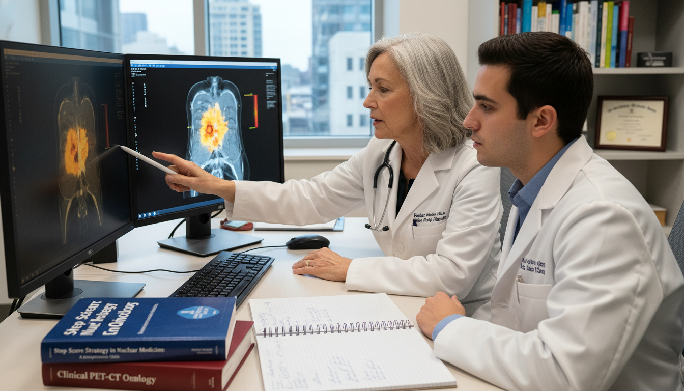 Nuclear medicine faculty mentoring a resident in reading PET-CT studies - nuclear medicine residency for Step Score Strategy
