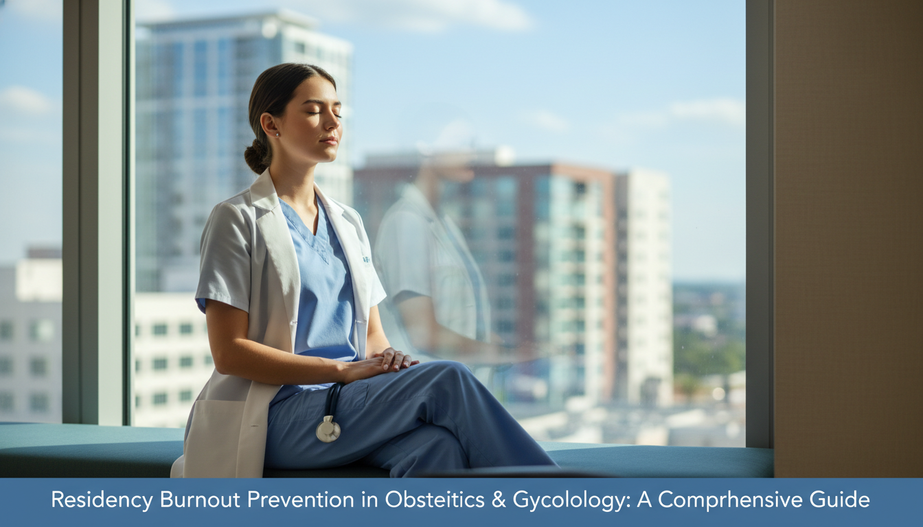 OB GYN resident taking a brief mindful break in a quiet hospital space - OB GYN residency for Residency Burnout Prevention in