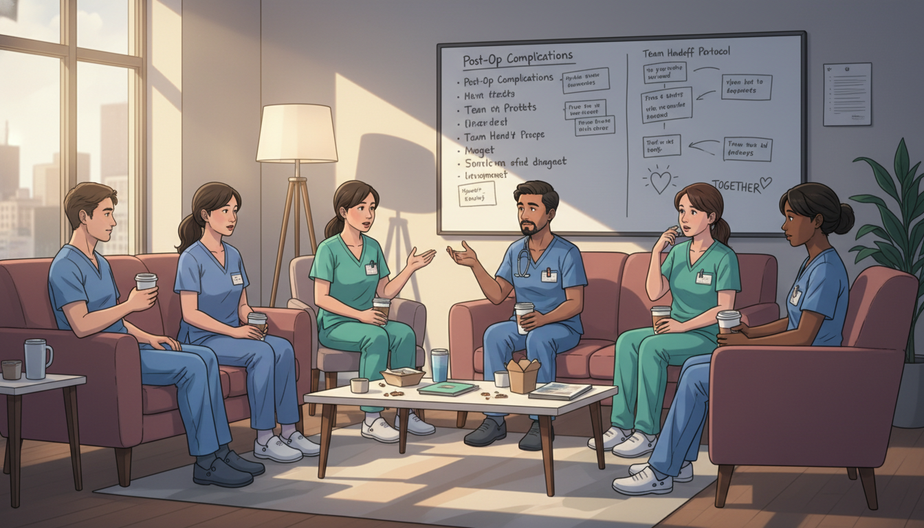 OB GYN residents debriefing and supporting each other after a shift - OB GYN residency for Residency Burnout Prevention in Ob