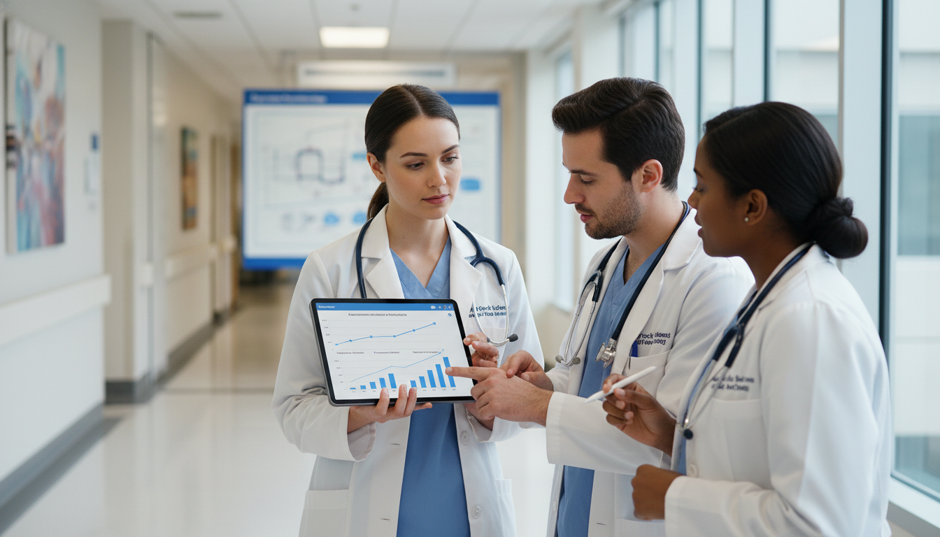 OB GYN Residents Discussing Case Volume Data on a Tablet OB GYN Residents Discussing Case Volume Data on a Tablet - OB GYN residency for Case Volume Evaluation in Obstetrics & Gyneco