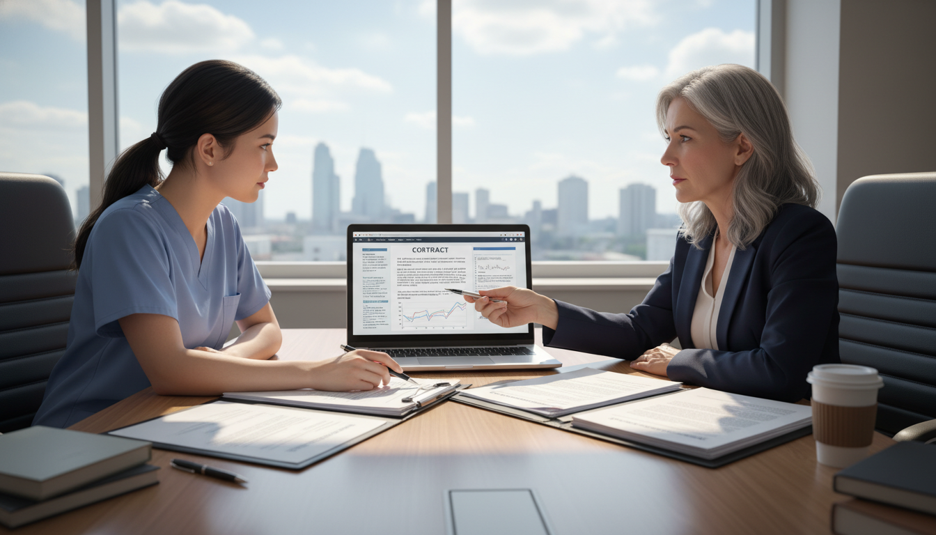ObGyn resident discussing job options and contracts with a mentor ObGyn resident discussing job options and contracts with a mentor - OB GYN residency for Physician Contract Negotiation in Ob