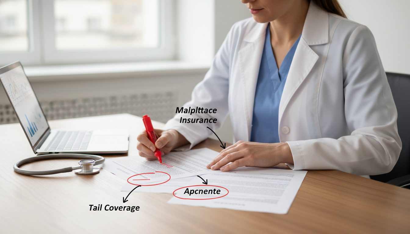 ObGyn physician highlighting key clauses in a malpractice and tail coverage section of a contract ObGyn physician highlighting key clauses in a malpractice and tail coverage section of a contract - OB GYN residency for Phys