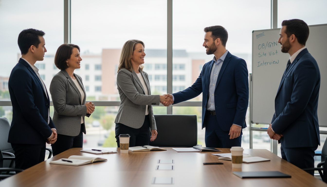 OB GYN resident on a site visit meeting with a practice group OB GYN resident on a site visit meeting with a practice group - OB GYN residency for Job Search Timing in Obstetrics & Gyneco