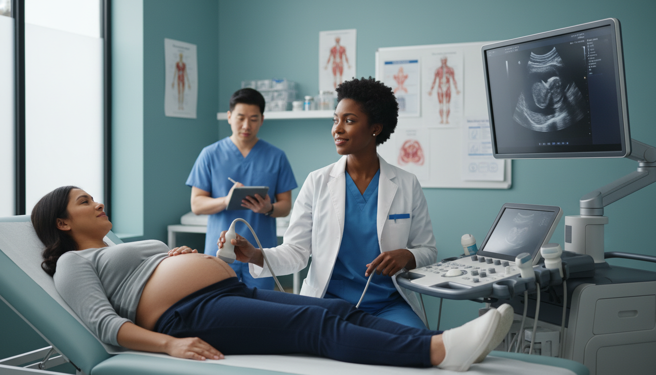 Obstetrician performing ultrasound in clinic while discussing with patient Obstetrician performing ultrasound in clinic while discussing with patient - OB GYN residency for Locum Tenens Opportunities