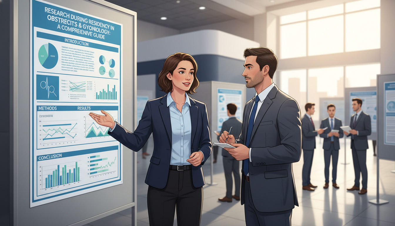 OB GYN resident presenting research poster at a medical conference - OB GYN residency for Research During Residency in Obstet