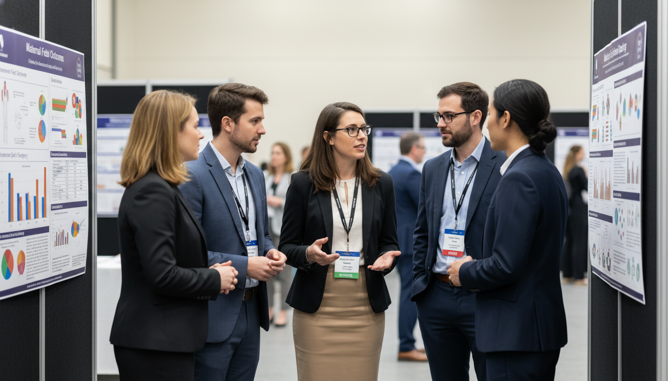 OB GYN resident team presenting research posters at a medical conference OB GYN resident team presenting research posters at a medical conference - OB GYN residency for Research Profile Building in