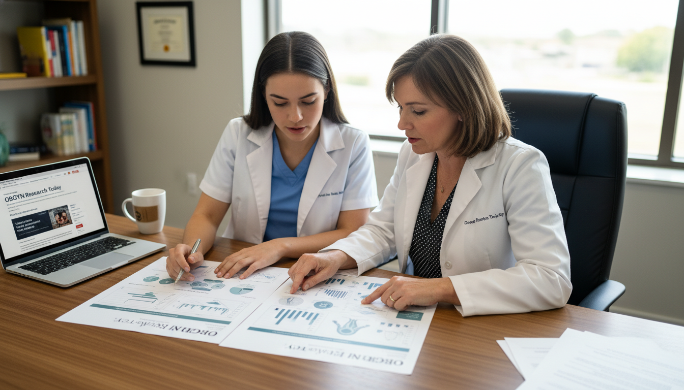 Medical student and OB GYN mentor reviewing research manuscript together Medical student and OB GYN mentor reviewing research manuscript together - OB GYN residency for Research Profile Building in