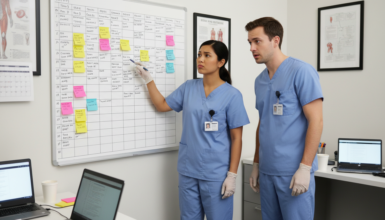 OB GYN residents reviewing call schedule on whiteboard OB GYN residents reviewing call schedule on whiteboard - OB GYN residency for Resident Turnover Warning Signs in Obstetrics &